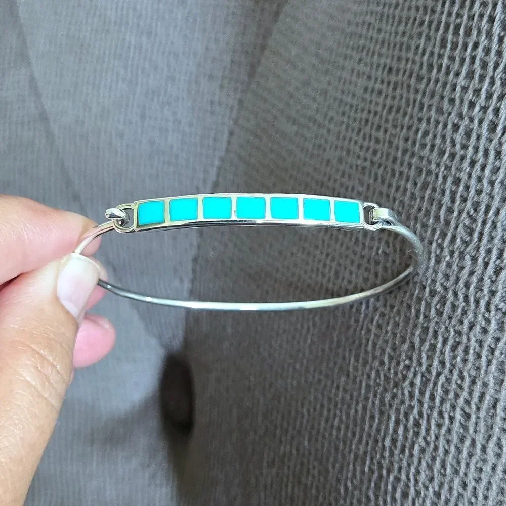 Taxco Sterling Silver🤍 Sleeping Beauty Turquoise🩵 Squares Flush Inlay Bracelet